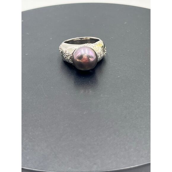 RT Platinum Sterling 12mm Black Cultured Freshwater Pearl Diamond Star Ring 7.25 - Picture 11 of 12